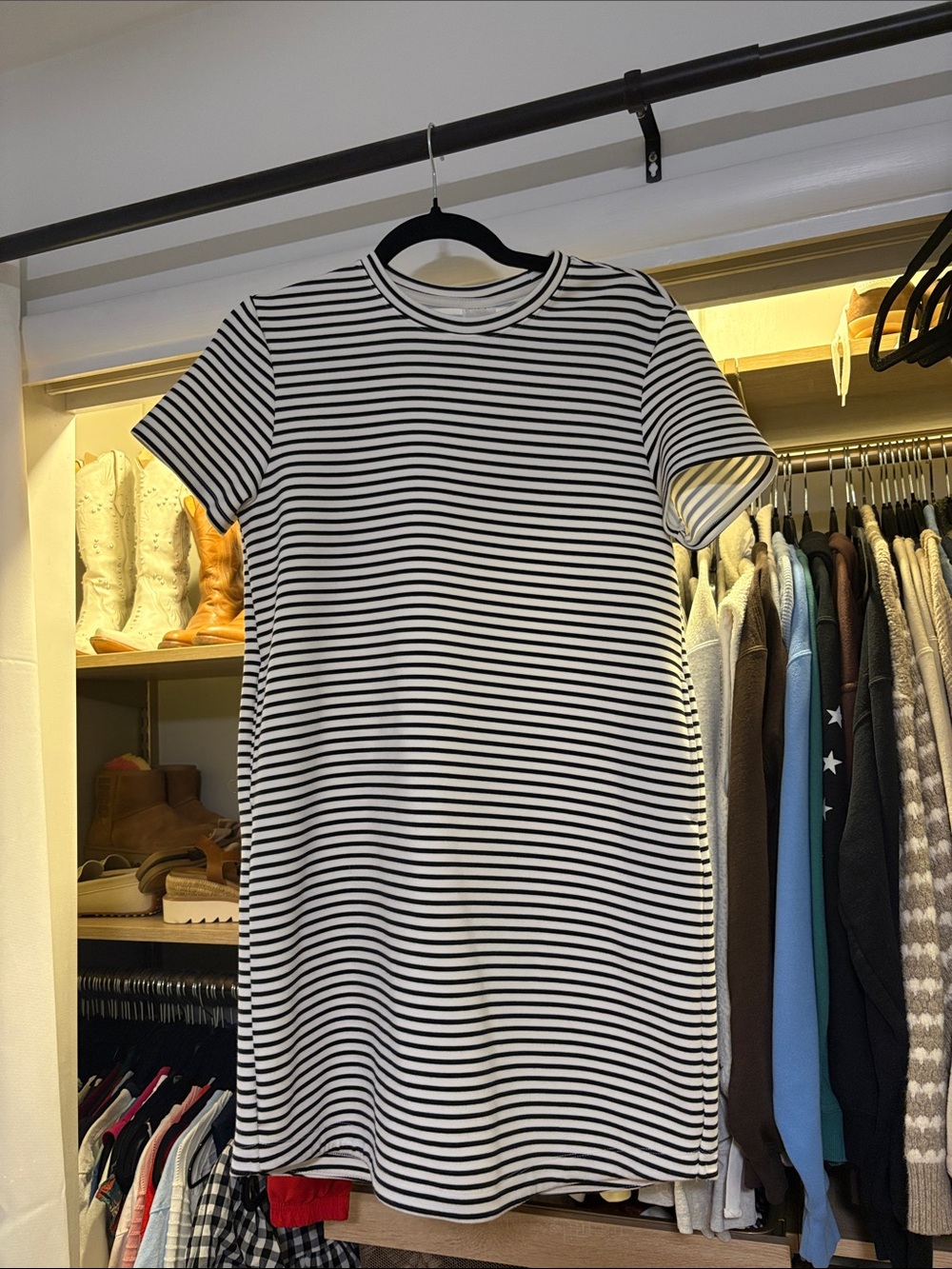 Black & White Striped Short Sleeve Shift Dress